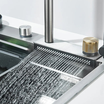 304 Stainless Steel Waterfall Kitchen Sink Large Single Slot with Chopping Board Cup Washer