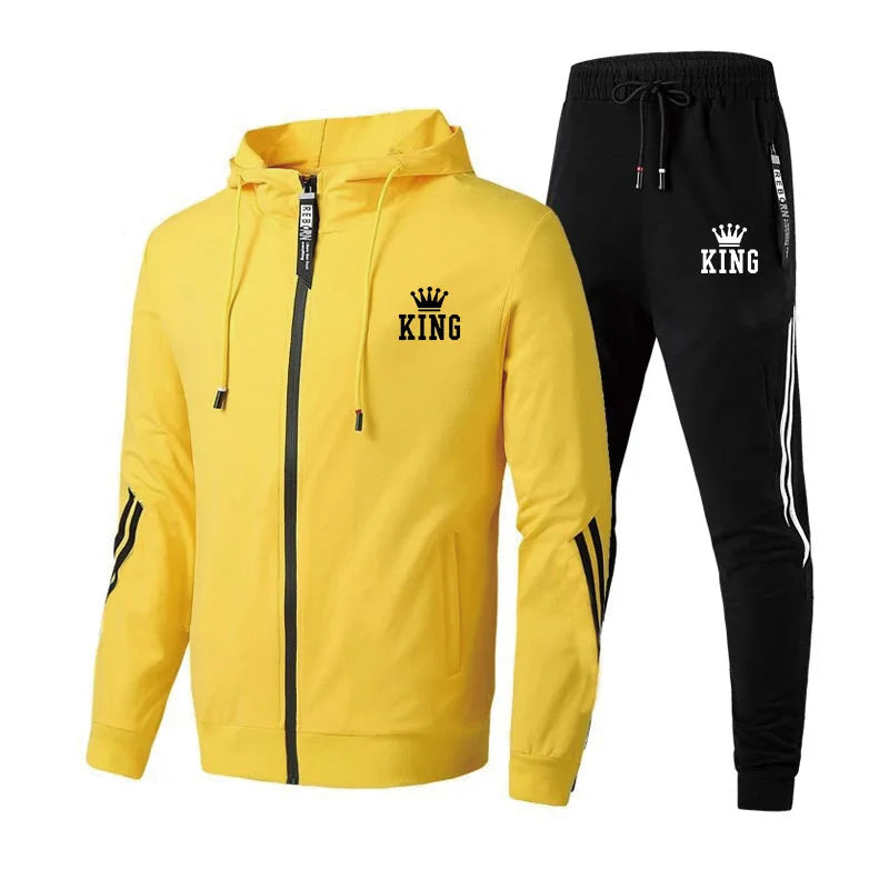 High Quality Men's Tracksuit Zipper Hooded Sweatshirt+Slim Sweatpants Set Casual Jacket Coat Jogging Clothing Fashion Print Suit.