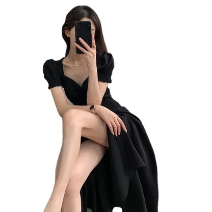 Solide Puff Kurzarm Elegante Schlitz Kleid Neue Mode Frauen V-ausschnitt Volle Kleider Damen Hohe Taille Schlank Abend Party Vestidos.