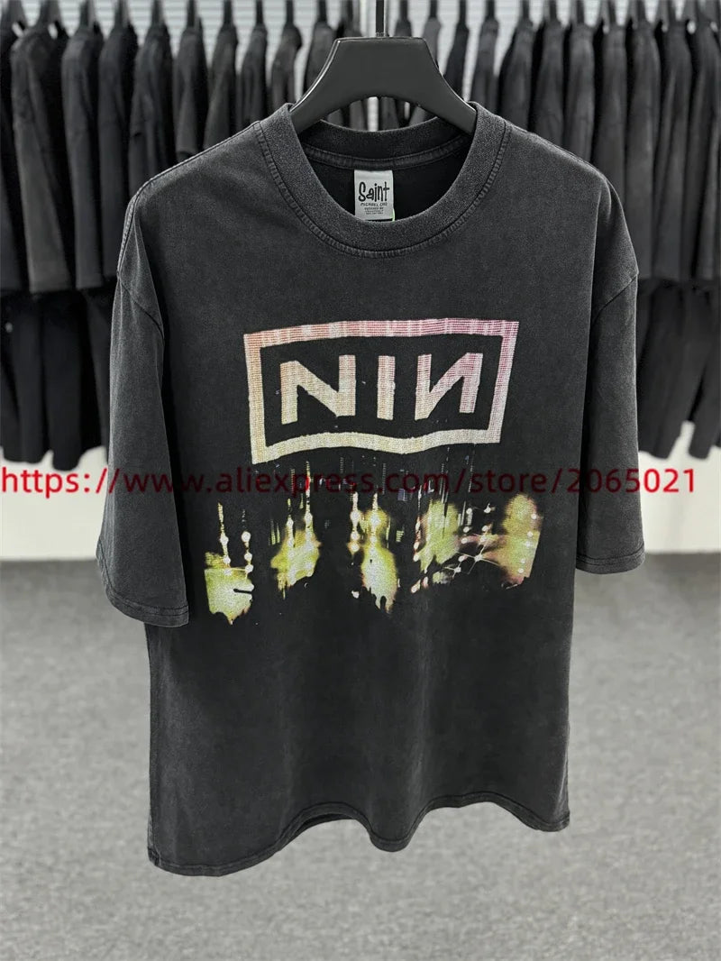 SAINT Vintage NIN Nine-inch Nail T-Shirts Best Quality Vintage Washed T Shirt Tee Tops.