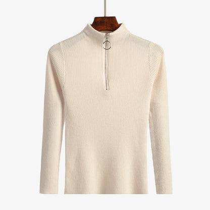 Frauen Fashion Solid Strick Pullover Vintage Langarm Zip-up Grundlegende Hälfte Rollkragenpullover Weibliche Pullover Chic Casual Tops