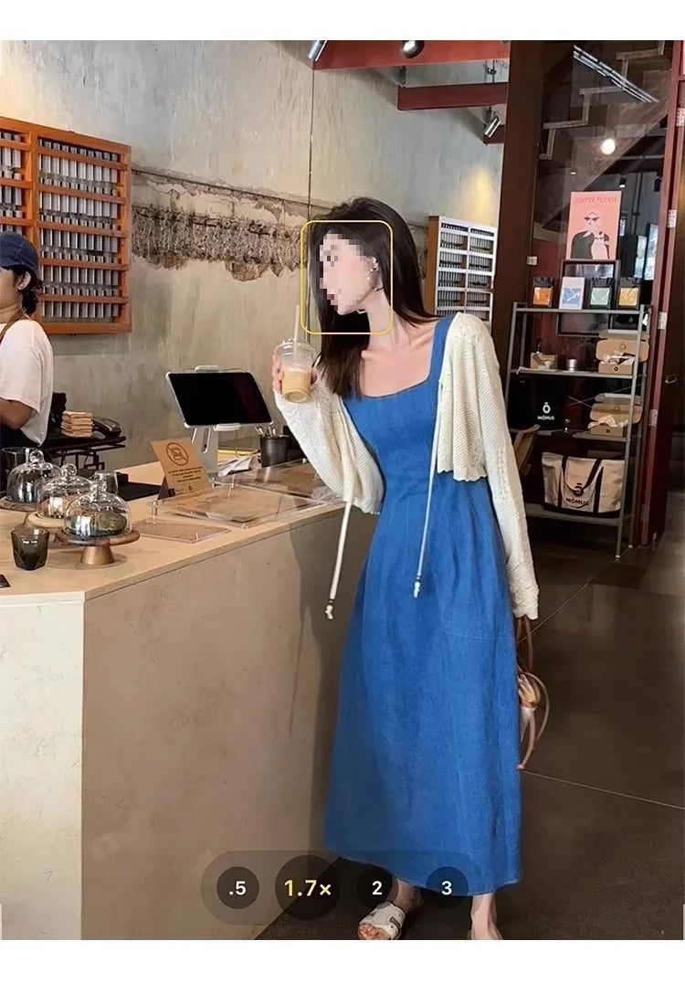 Blue Mist Love Französisches Jeanskleid für Damen, Sommer, einzigartiges Design, Taille, Cinching-Riemen, langes Kleid, elegante blaue Polyesterfaser