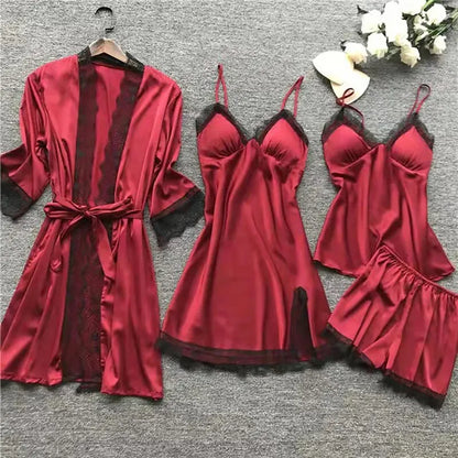 4PCS Nachtwäsche Pyjamas Set Seide Frauen Nachthemd Spitze Kleid Robe Schlaf Nachtwäsche Seide Einfarbig Pijama Sets