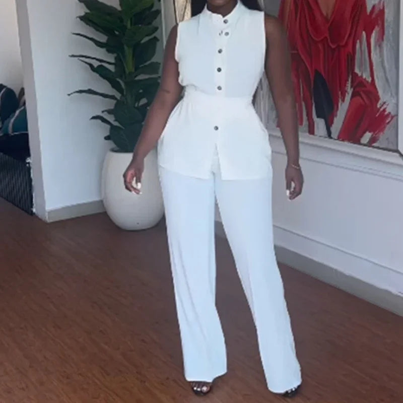 Women Wide Leg Pant Sets Two Piece Set Black Shirt Top & Cuffed Pants Set Suit Loose O Neck High Waist Elegant Trousers Suits.