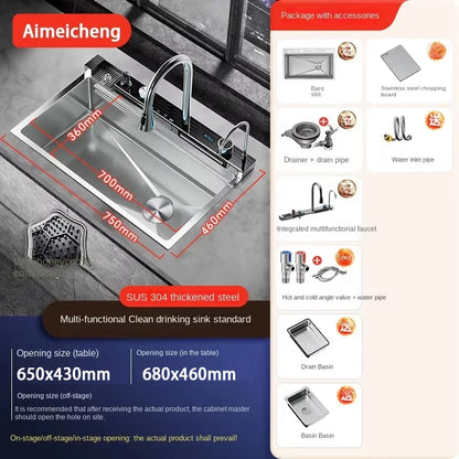 Küchenspüle aus Edelstahl mit Wasserhahn, Digitalanzeige, große Einzelschüssel, Wasserfall, Regen, 5-Funktionen-System, Spülbecken, Spüle