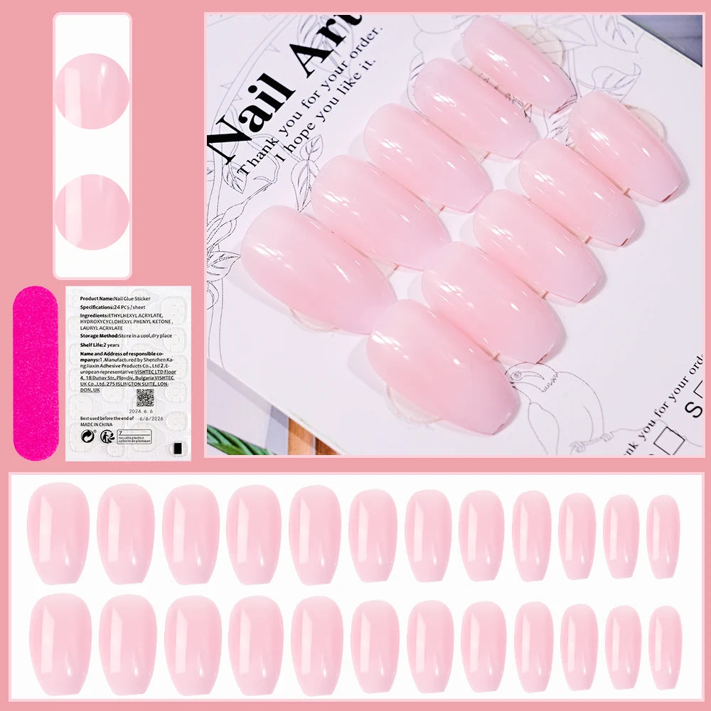 24pcs(+Tools) Pearl Bow Nude Pink Press On Nails White French Fingertips Almond Full Cover Fasle Nails New Year Nail Accessories