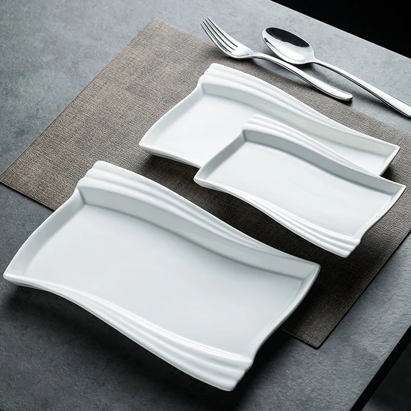 Creative Ceramic White Rectangular Western Food Plate Hotel Restaurant Special Cake Dessert Tableware Household Sushi Set Plate.