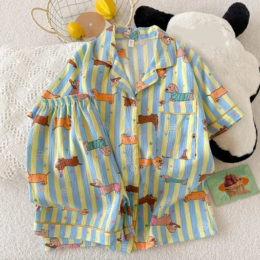 Stern Gestreiften Hund Druck Kawaii Pyjamas für Frauen Y2K Mode Revers Hals frauen Pyjamas Sommer Neue Süße Nette Hause tragen Frau