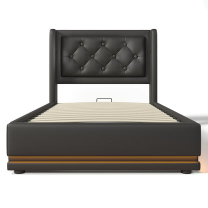 KOMHTOM PU-Material Hydraulisches Stauraumbett, mit USB Typ-C Ladefunktion, 3-seitige LED-Funktion, ohne Matratze