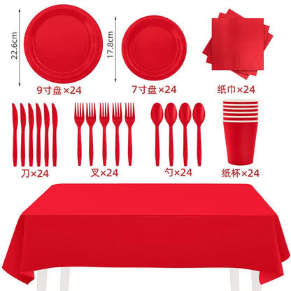 Solides rotes Thema, Einweggeschirr, rote Pappteller, Lebensmitteltablett, Tassen, Servietten, Löffel, Tischdecken, Hochzeit, Geburtstag, Party-Dekoration.