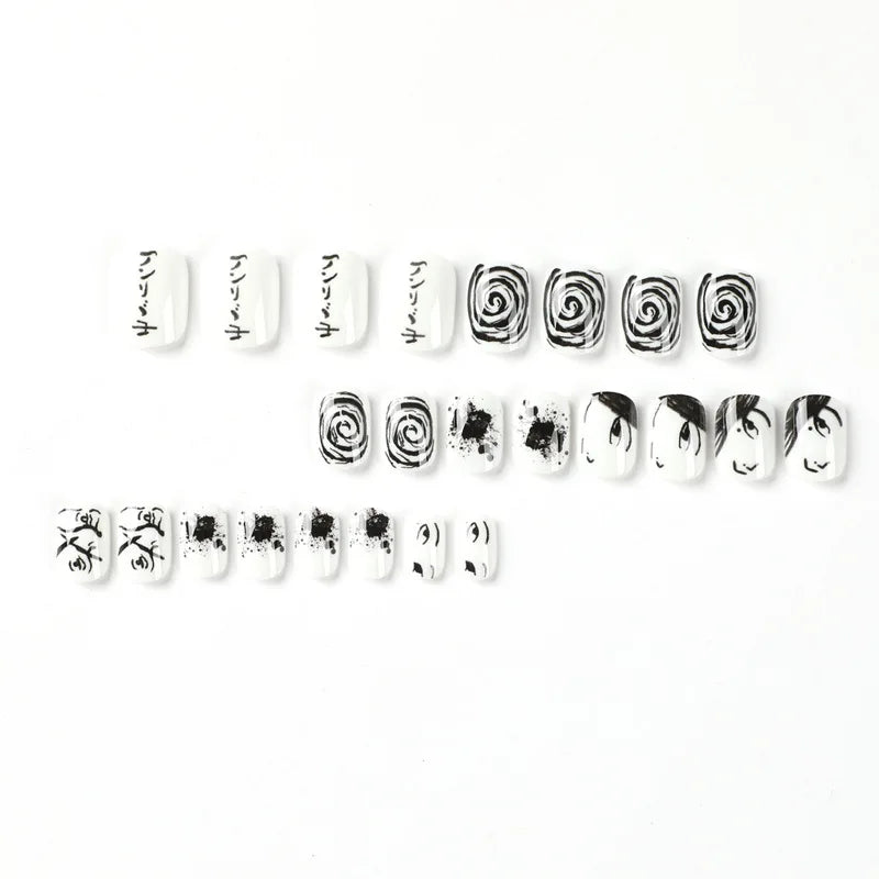 Y2K Black White Hand Drawn Comic Design Wearable Mini Short Fake Nails Full Cover Finished False Nails Press on Nails with Glue.