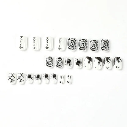 Y2K Black White Hand Drawn Comic Design Wearable Mini Short Fake Nails Full Cover Finished False Nails Press on Nails with Glue.