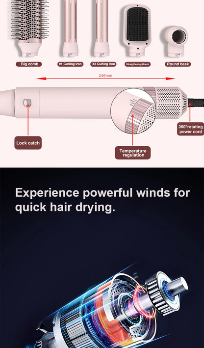 5in1 Hair Dryer Brush Curling Iron Hair Dryer Detachable Auto Wrap Curlers Fast Drying Electric Styling Hair Blower Brush.