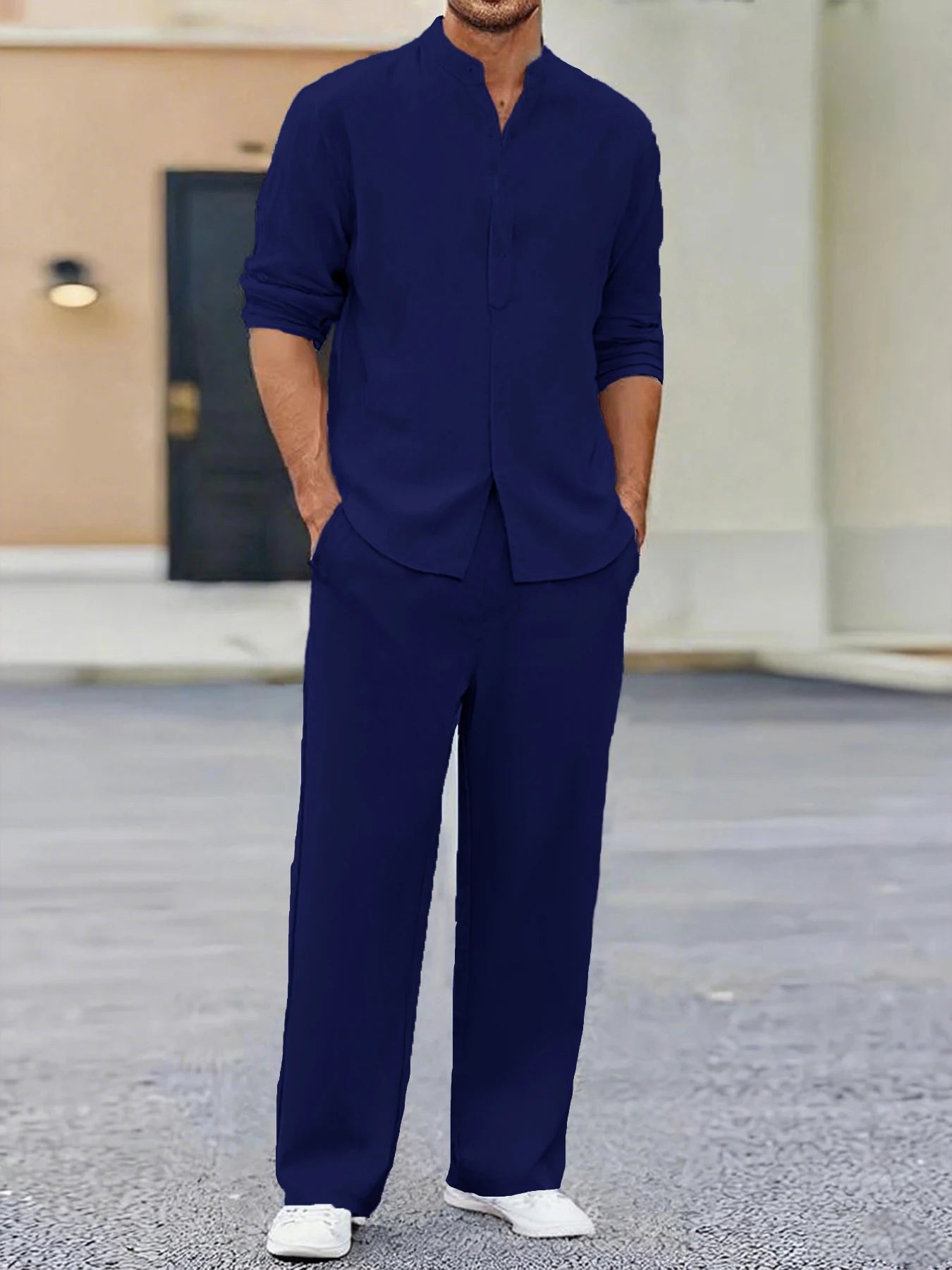 Summer Men's Two Pieces Casual Outfit Loungewear Solid Color Long Sleeves Shirt Breathable Trousers Suits Men Loose Streetwear.