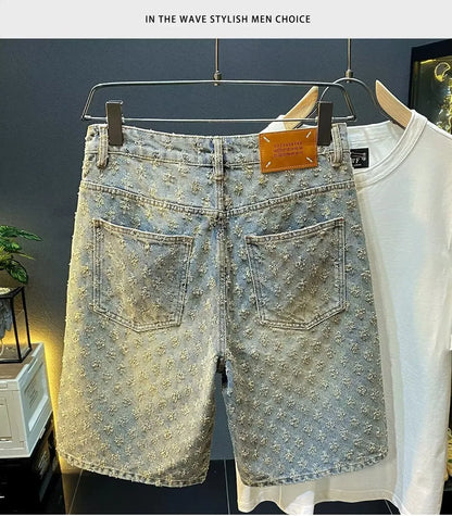 Retro American Casual Vintage Worn Short Jeans Men Straight Loose High Street Five-Point Pants Summer 2025 Distressed Denim.