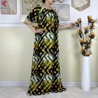 New Muslim Dubai Elegant Dress Summer Short Sleeve African Abaya Printing Cotton Loose Femme Robe Islamic Dresses With Scarf.