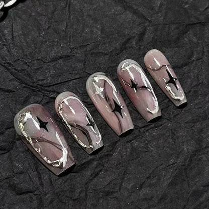 10pcs Black Press on Nails Medium Coffin Sliver Swirl Y2k Fake Nails with Glue Acrylic False Nails Press Ons Full Cover Nail Tip.