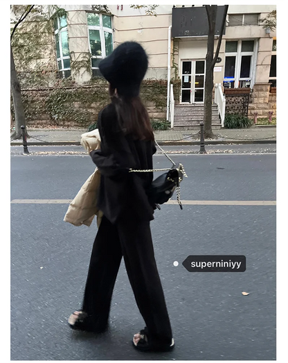 Koreanische Version des weichen, wachsartigen, faulen Wind-Stricksets 2024, sanfter Rundhalspullover, Pullover, weites Bein, Hose, zweiteiliges Set für Damen