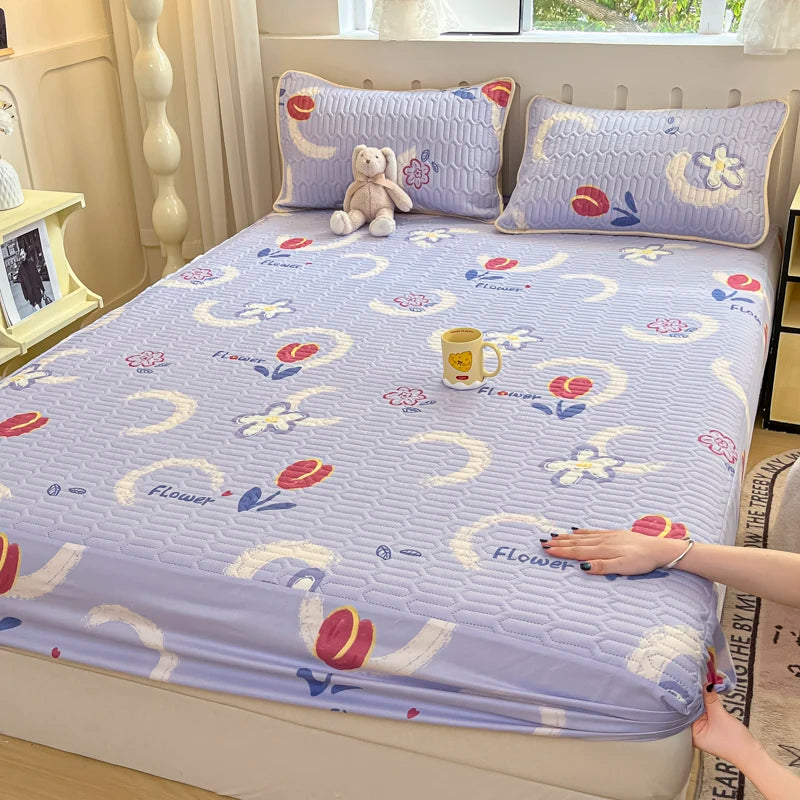 Thicken Bed Cover Waterproof Mattress Protector Elastic Bedspread Printed Bed Linen for Home 매트리스 커버 (No Pillowcase)