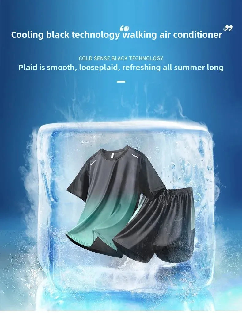 Men's Fitness Ice Silk Sports Suit Short Sleeve Training Room Basketball Morning Run Summer Outfit Shorts And T-shirt Set.