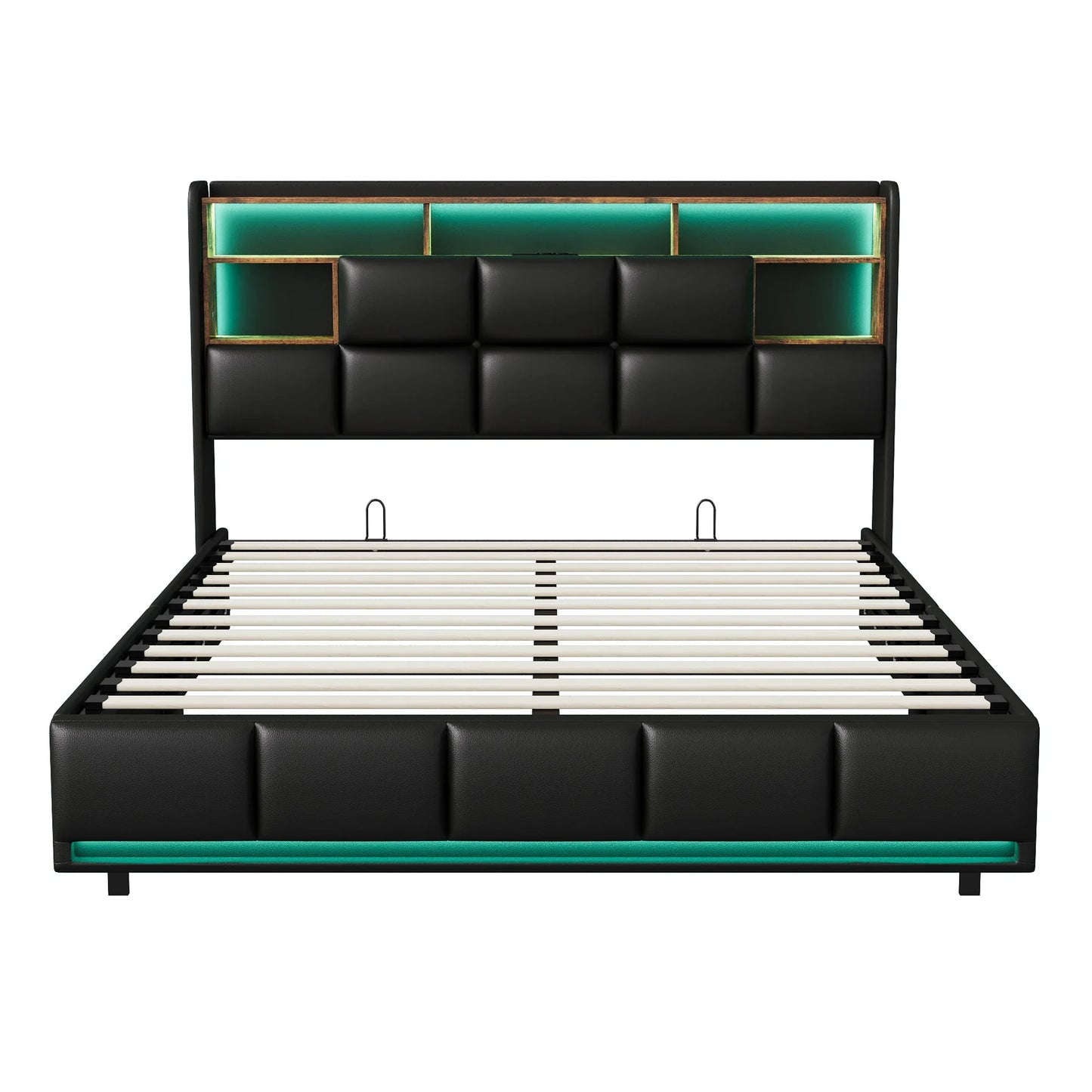 Lazyspace Modernes PU-Polsterbett, Doppelbettgestell, hydraulisches Bett mit Stauraum, Kopfteil mit LED-Licht und Ablagefach