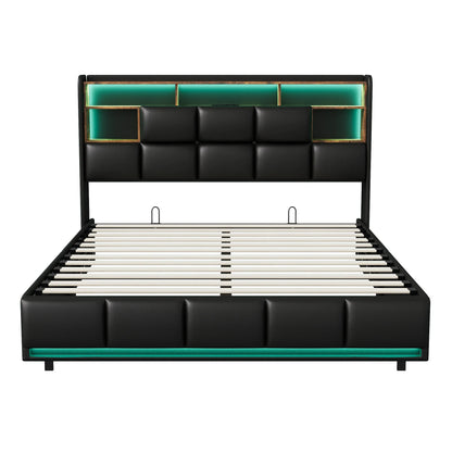 Lazyspace Modernes PU-Polsterbett, Doppelbettgestell, hydraulisches Bett mit Stauraum, Kopfteil mit LED-Licht und Ablagefach