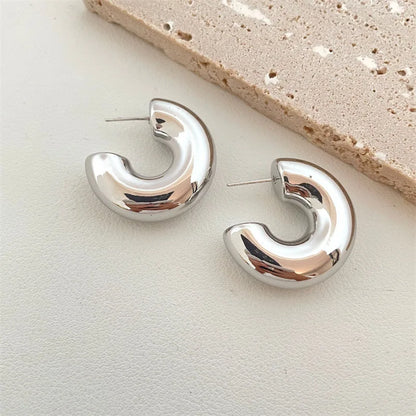 New Retro Chunky C Shape Hoop Earrings Glossy Gold Plated Pvd Circle Round Tube Huggie Hoops Stacked Ear Jewelry.