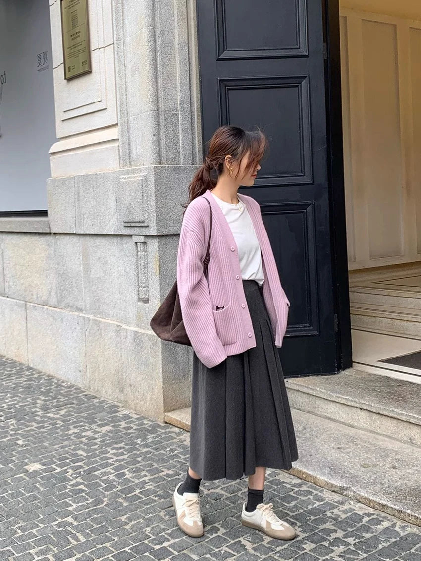 Thick Hepburn Style Woolen Pleated Skirt High Waist Slimming Casual Half Skirt Women Autumn Winter Unique Long Skirt.