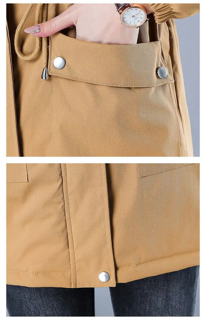 Fleece-gefütterte Kapuze, Daunenjacke, Wintermantel für Damen, warme, mit Kordelzug gepolsterte Parkas, mittellanger Mantel, Streetwear, gepolsterte Kleidung