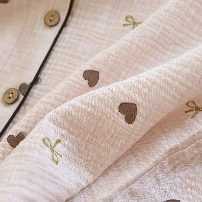 2025 neue Frühjahr/Sommer frauen Pyjama Set 100% Baumwolle Crepe Nette Liebe Langarm Lange Hosen Zwei Stück set Strickjacke Hause Kleidung.