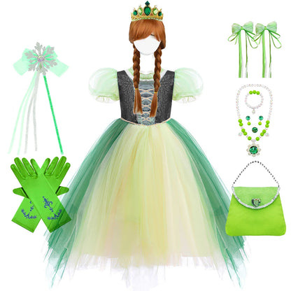 Anna Grünes Kleid Mädchen Spitze Tüll Elegantes Kleid Kinder Bühnenshow Prinzessin Kostüm Kinder Purim Cosplay Kleidung