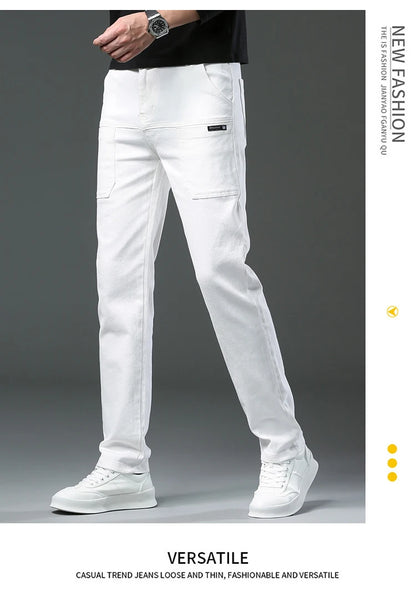 Spring and Autumn Men's Multi-Pocket Design Jeans Fashionable and Versatile White Khaki Red Comfortable Stretch Denim Pants.