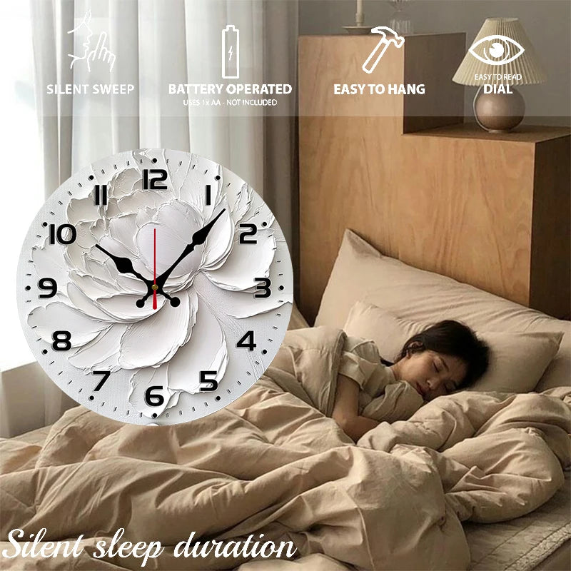 Weiße Pfingstrosen-Holzuhr, rund, geräuschlos, zum Aufhängen, geeignet für Wohnzimmer, Büro, Arbeitszimmer, Schlafzimmer, Heimdekoration