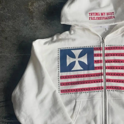 Autumn and winter new minimalist design color collision pattern women hooded sweatshirt Harajuku Y2k loose zipper sweatshirt.