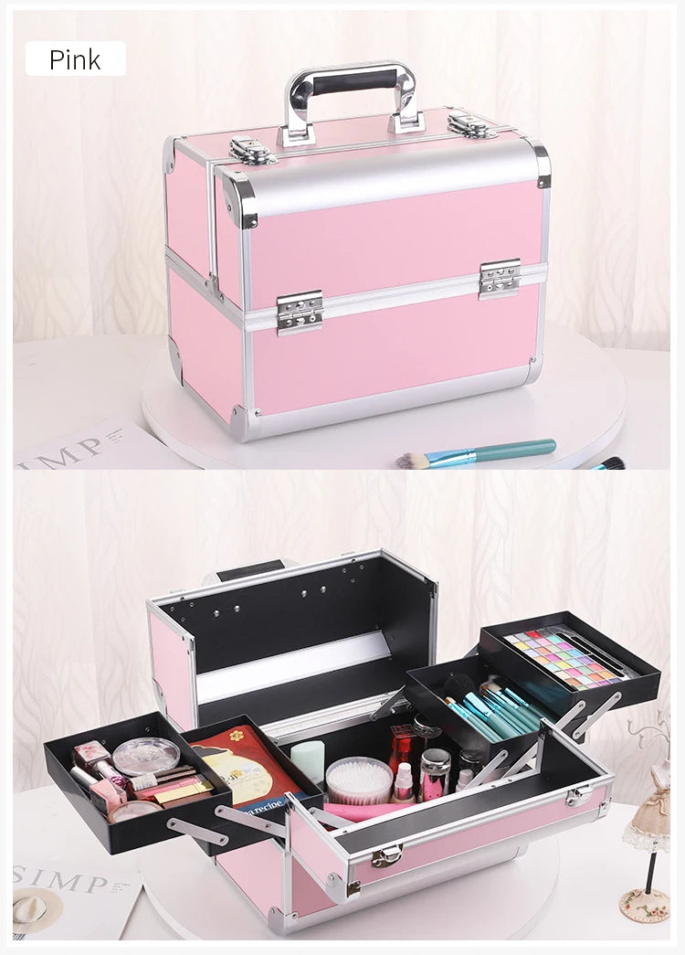 Makeup Train Case Pro Adjustable 4 Sliding Trays Cosmetic Case Storage Organizer Box Lockable Compartments.