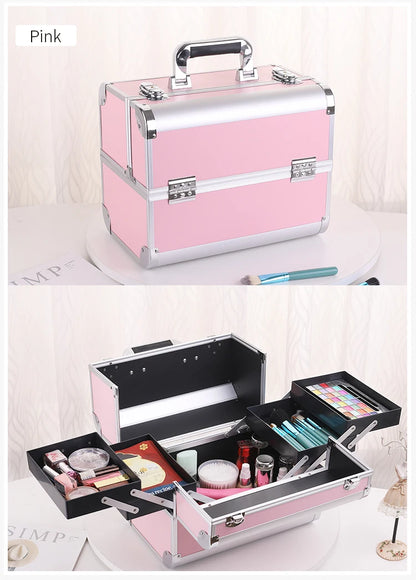 Makeup Train Case Aluminum Alloy Case Pedicure Tool Box with Handle Cosmetic Box Portable Makeup Case Organizer