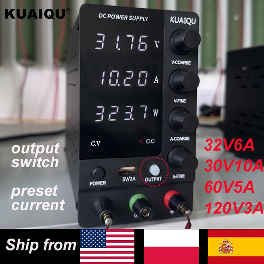 KUAIQU DC Power Supply Adjustable 30V 10A 32V 6A,Switching Regulated DC Bench Power Supply with Output Switch 60V 5A 120V 3A.