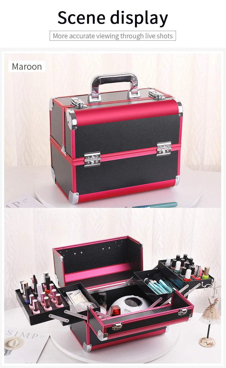 Makeup Train Case Aluminum Alloy Case Pedicure Tool Box with Handle Cosmetic Box Portable Makeup Case Organizer.