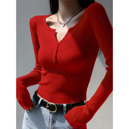 2026 weibliche Casual Tops Pullover Warme V-ausschnitt Frauen Herbst Winter Gestrickte Dünne Pullover Feste Taste Volle Hülse Pullover
