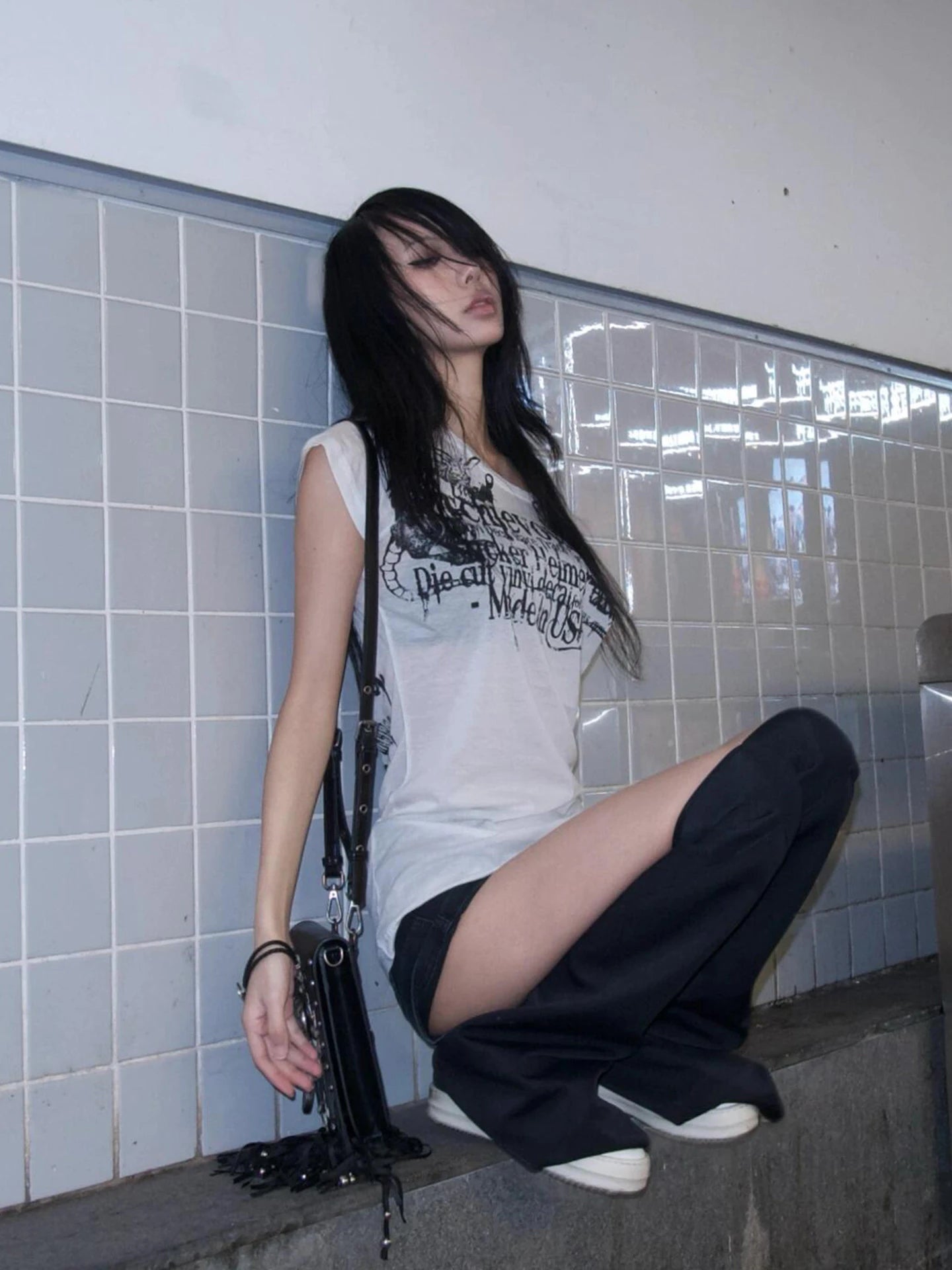 Karrram Japanese Y2k Letter Print T-shirt Trashy 2000s Style Tattoo T Shirt Vintage Harajuku Short Sleeve Sheer Tops Grunge Goth.