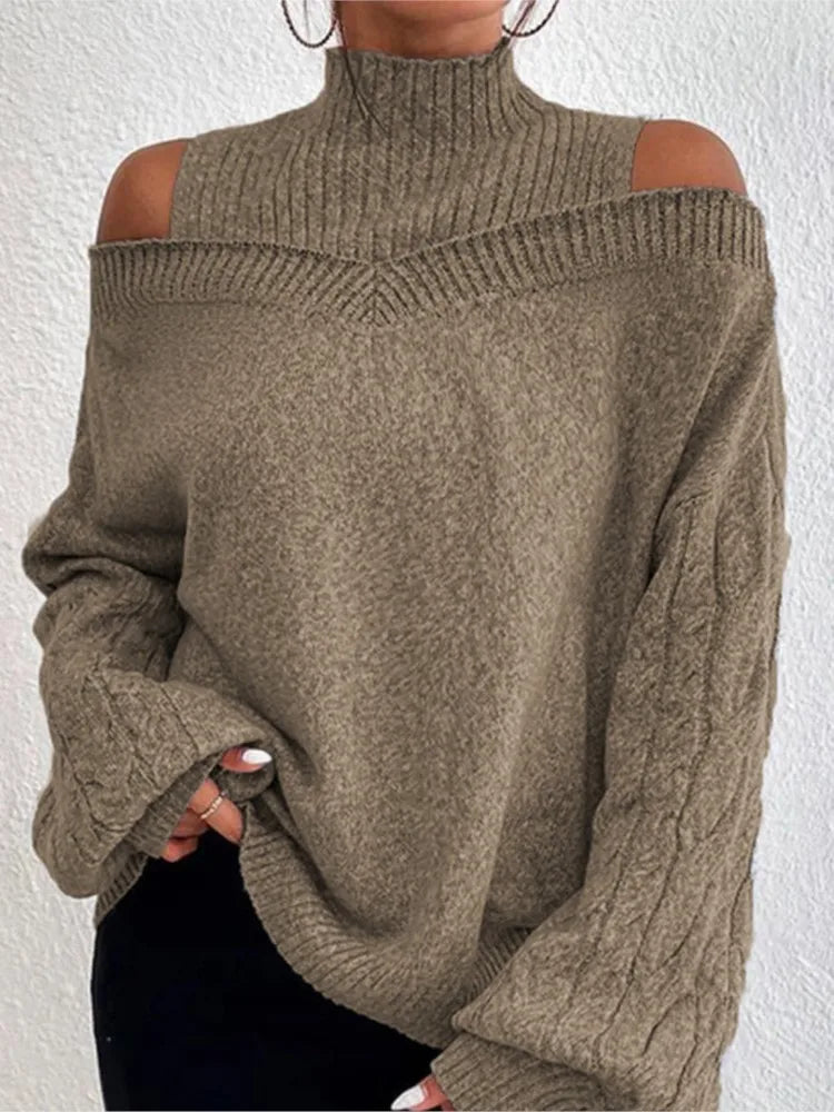 2025 Autumn Winter New Solid Knitting Off Shoulder Sweaters Elegant Office Lady Half High Collar Splice Loose Pullovers Sweater.