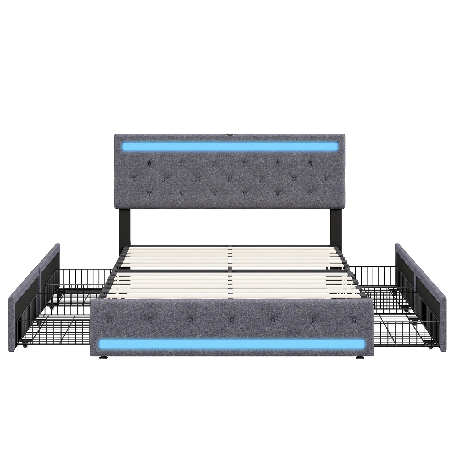 Rosahqnda Polsterbett 140 x 200 cm, mit USB-Anschluss und LED-Beleuchtung, 4 Schubladen, Doppelbett mit Stauraum, Leinen, Dunkelgrau