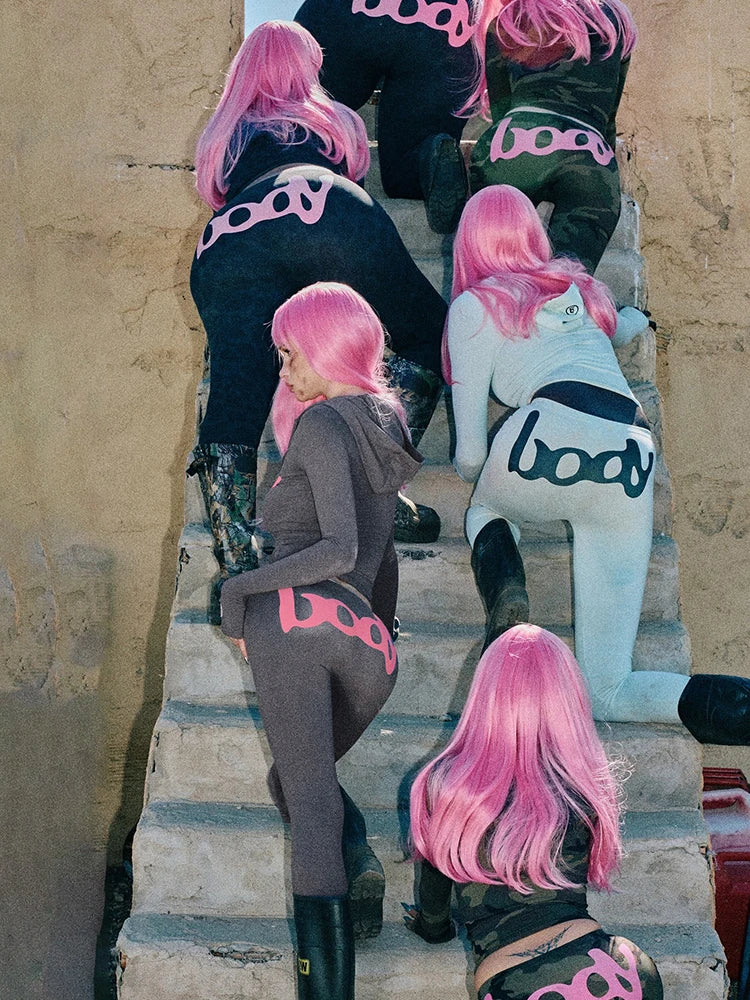 Weird Puss Letter Print 2 Piece Set Women Tracksuit Hooded Jacket+Leggings Matching Stretch Streetwear Casual Sporty Outfits