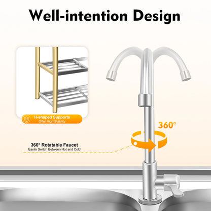 Freistehendes Doppelwaschbecken-Set aus Edelstahl mit Wasserhahn, 3-stufiges Aufbewahrungs-Küchenspüle-Set für den gewerblichen Gebrauch in der Küche, Wäsche