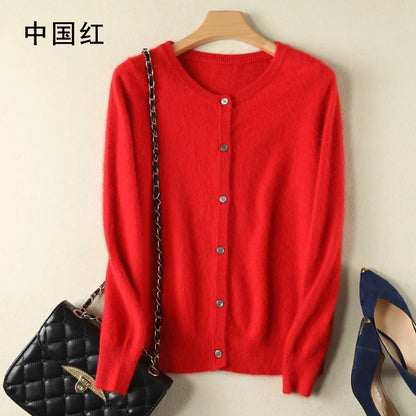 Women Cardigan Large Size Warm Pure Mink Cashmere Sweaters O-neck Loose Coat Female Sweater Ladies' Jacket Solid Knit Cardigans