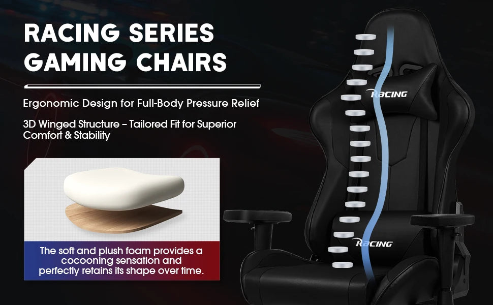 AUTHMIC Ergonomischer Gaming-Stuhl mit verstellbaren Armlehnen, verstellbarer Rückenlehne, PU-Ledersitz für den Rennspielaufbau im Home Office