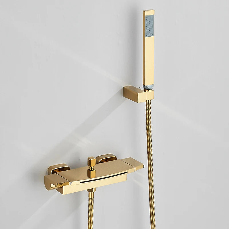 Black Waterfall Shower Faucet Bathroom Wall Mounted Bathtub Shower Faucets Dual Handles Hot Cold Water Mixer Tap with Handshower