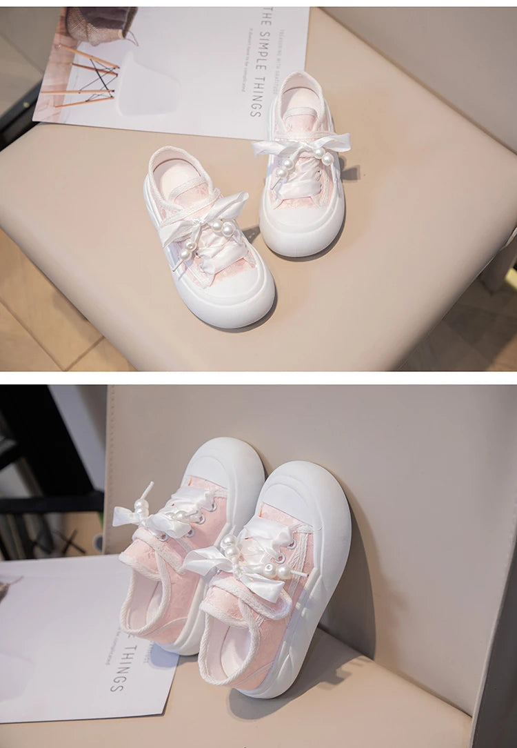 Children’s Casual Sneakers for Girls 2025 Autumn New Toddler Canvas Shoes with Shiny Bow Non-slip Breathable Kid Cotton Sneakers.