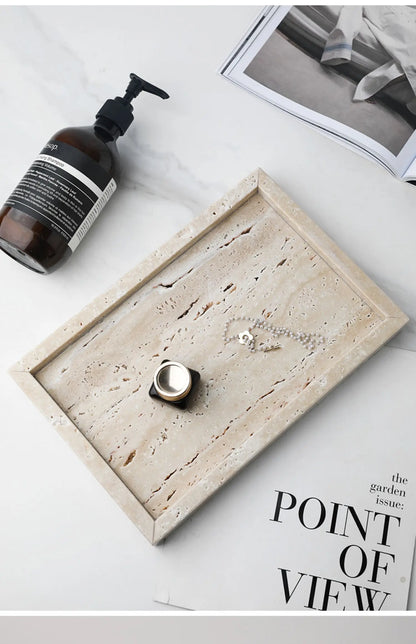 Minimalism Marble Tray for Perfume Candles Jewelry Travertine Stone Vanity Tray for Dresser Countertop Coffee Table Serving.