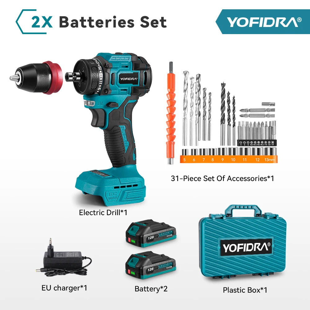 YOFIDRA 2-in-1 bürstenloser Elektroschrauber Handheld Sechskantbohrer Schraubendreher Home Power Tool Set für Makita Akku Pin